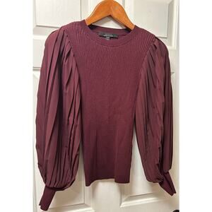 White House Black Market Burgundy Ribbed Pleated Sleeve Sweater, Size S